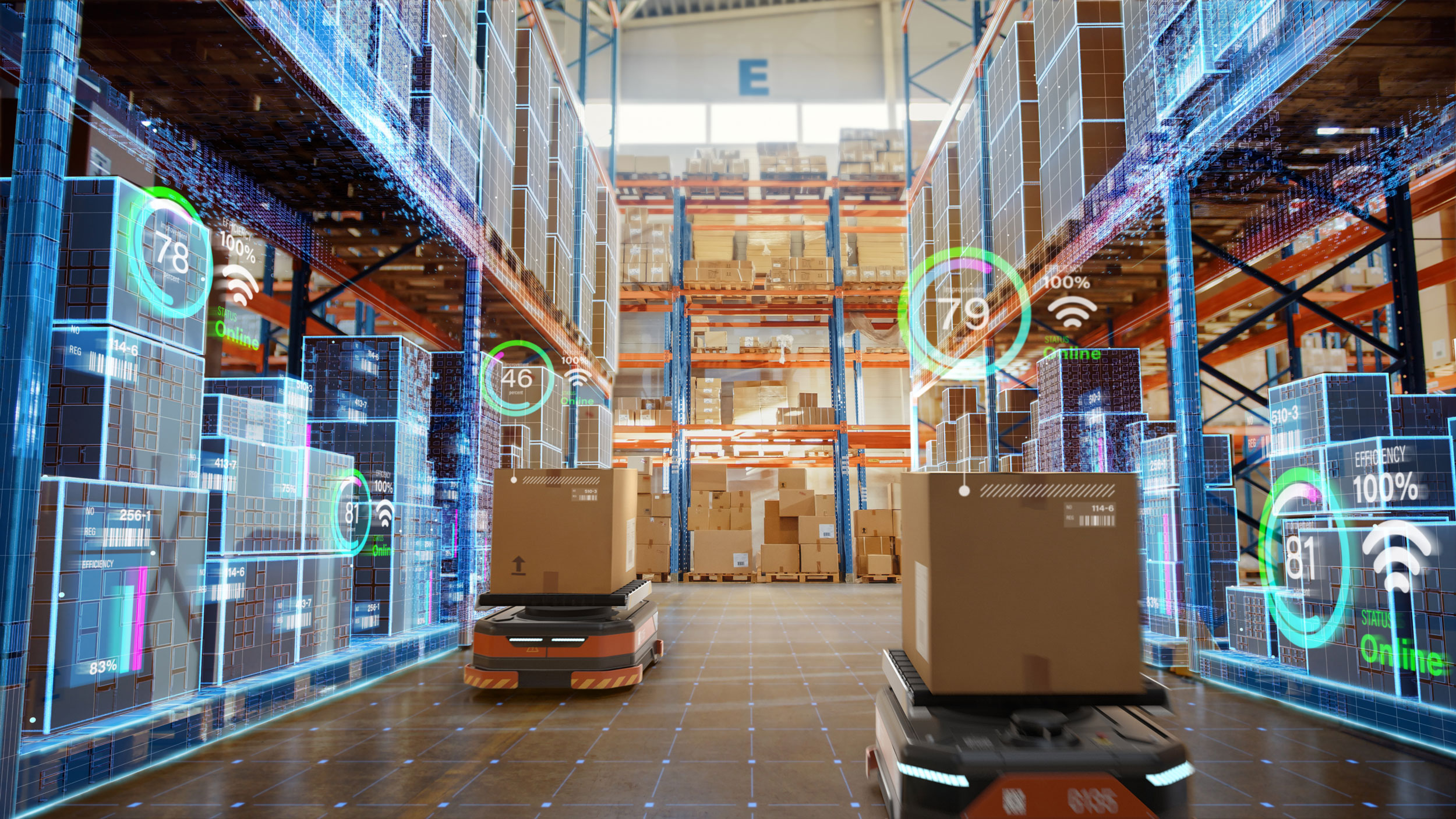 Warehouse Distribution Center with Technology Projection Highlighting Invetory Supply Chain Management Efficiency